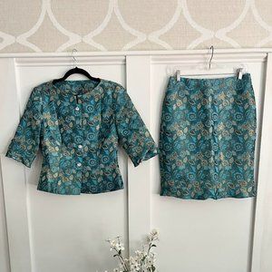 JS Collections Stunning Teal Blue w/ Gold Accents Skirt Suit - RARE FIND